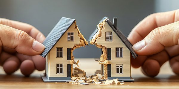 Model house split in two by hands symbolizing divorce and proper